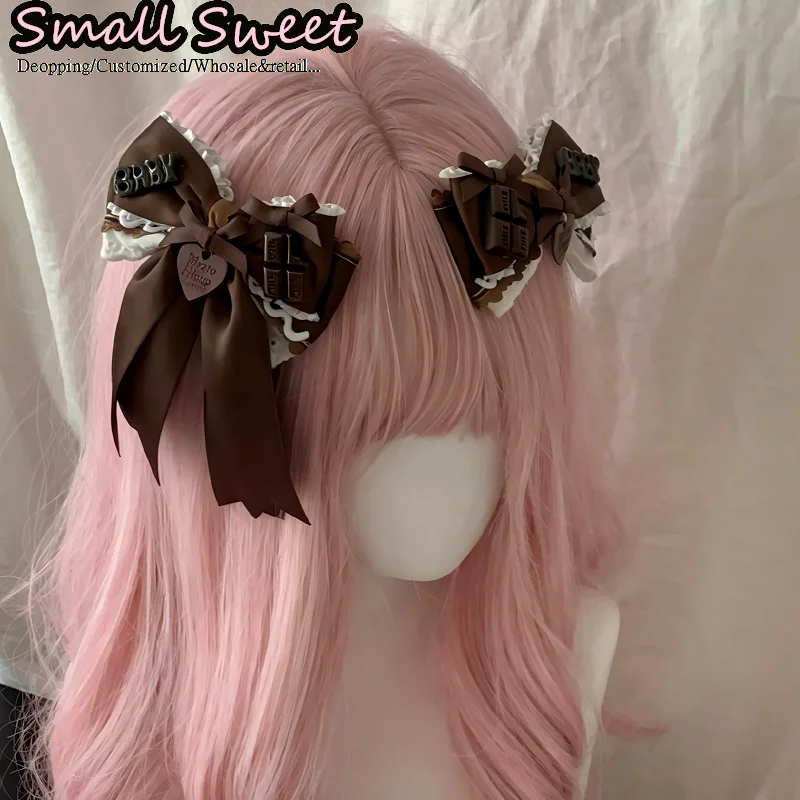 Kawaii Y2K Girl Lolita Mint Green Chocolate Themed Lace Ruffle Heart Pendant Bow Hair Clips Subculture Hairpin Hair Barrette