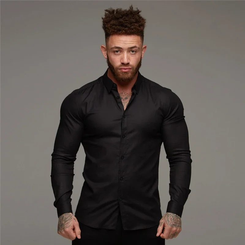 Autumn Fashion Slim Fit Button Long Sleeve Shirts Men Casual Sportswear Dress Shirt Male Hipster Shirts Tops Fitness Clothing