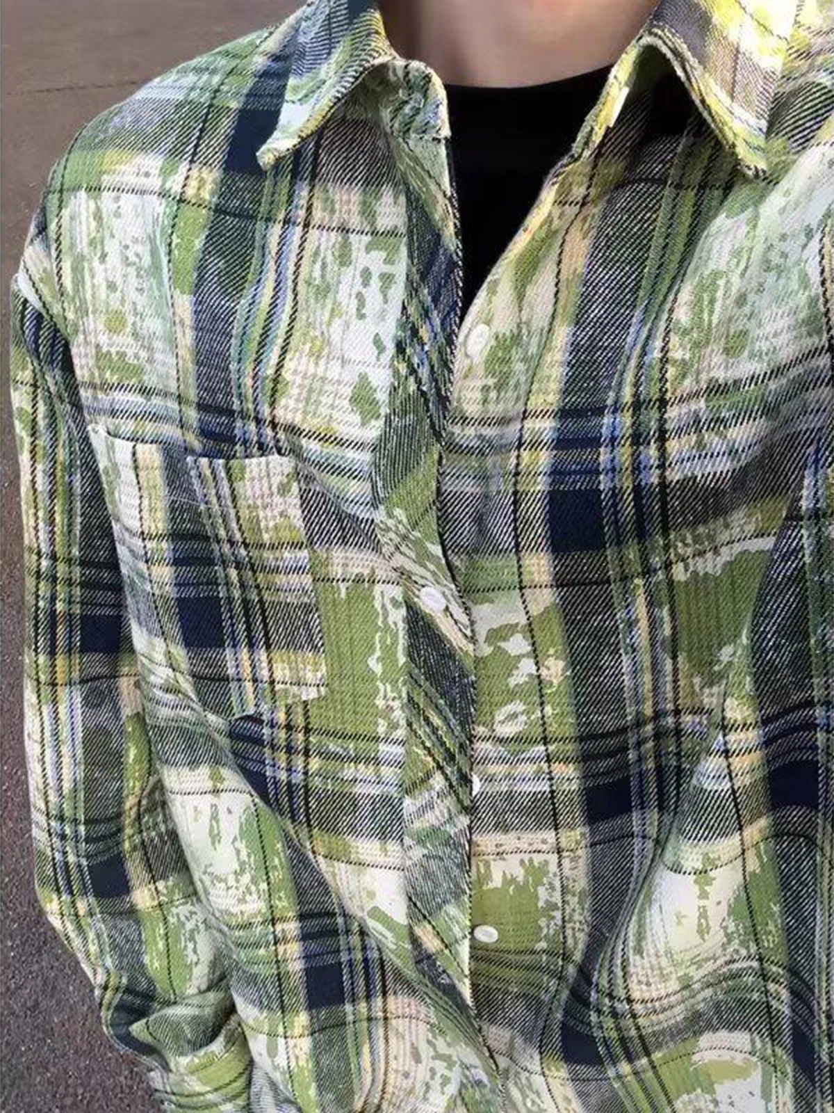 

een Tie Dye Plaid Long Sve Men's irt Spring Autumn American Retro High End Cleanfit irt Jaet Trendy Polyester Fiber