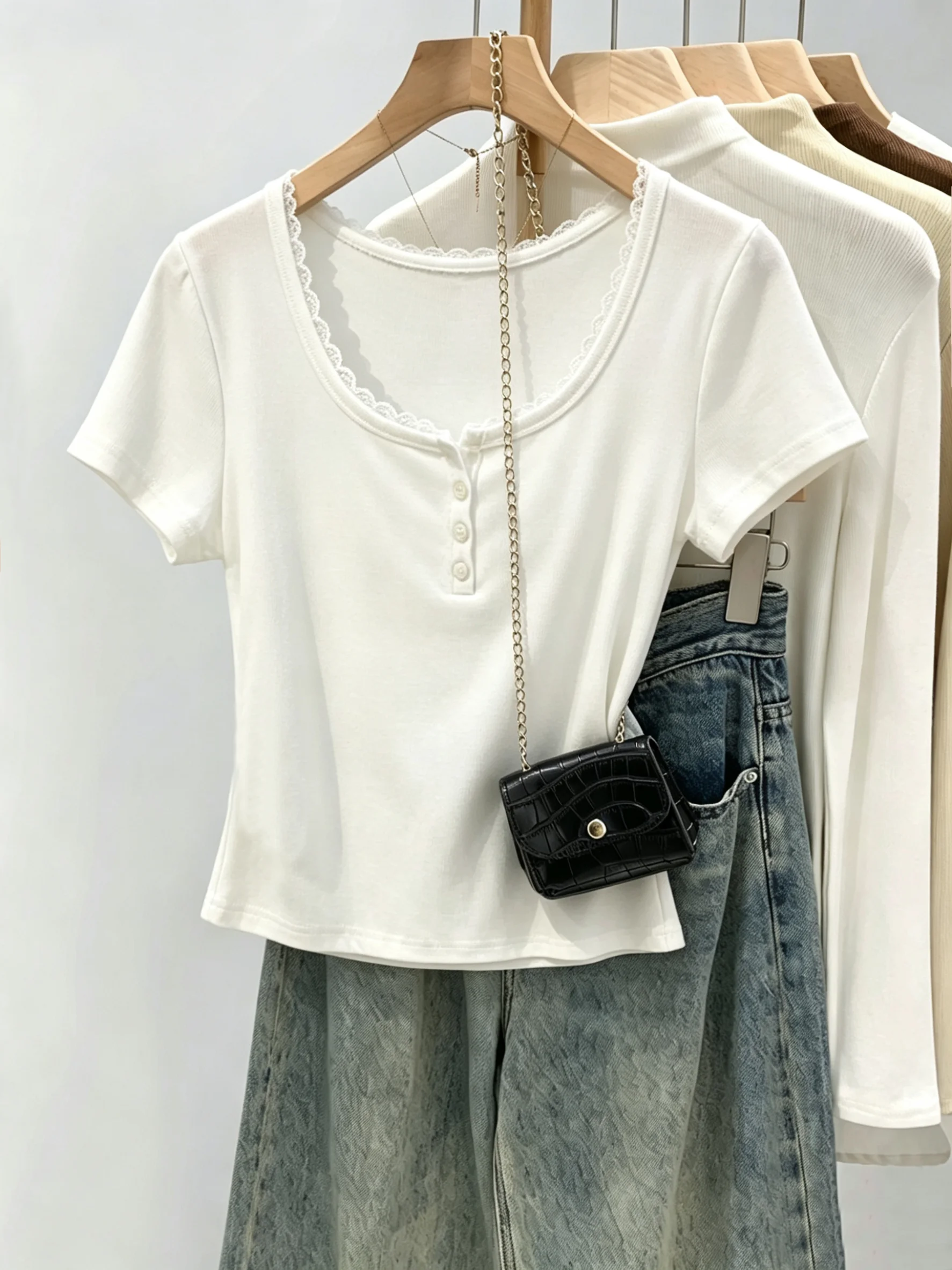 Summer Lace Short Sleeve T-Shirt Women's Button up Square Neck Slim Fit Shoulder Appropriate Cotton Polyester Blend Top