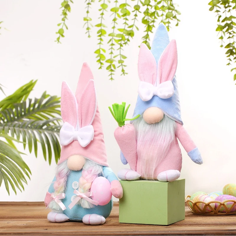 Easter Gnome Bunny Kit - 2Pcs Handmade Swedish Tomte Plush Rabbits Set With Easter Egg And Carrot, Suitable As Easter Decoration image 4