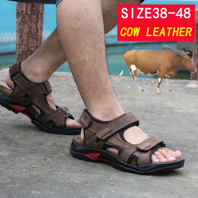 COW LEATHER Men\'s Sandals Outdoor Beach Sports Shoes Genuine Leather GLADIATOR Sandals Light Open Toe Sandals Plus Size 38-48