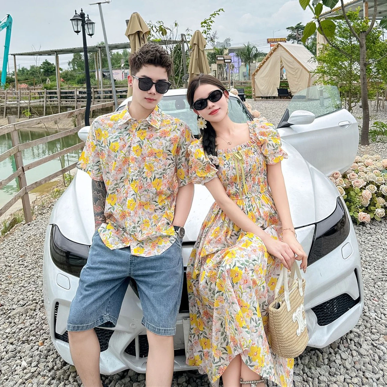 Resort Couple Family Vacation Clothes Mom Daughter Floral Dresses Holiday Dad Son Shirts Korean Brother Siater Matching Clothing