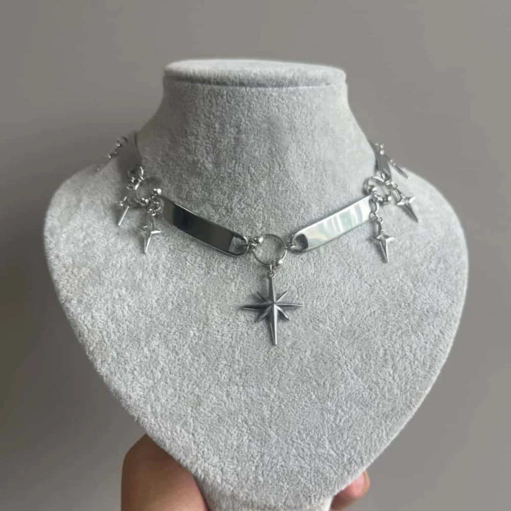 Gothic Y2K Simple Thick Chain Paired Stereo Star Pendants Necklace for Women Hip-hop Punk Music Festival Jewelry Accessories