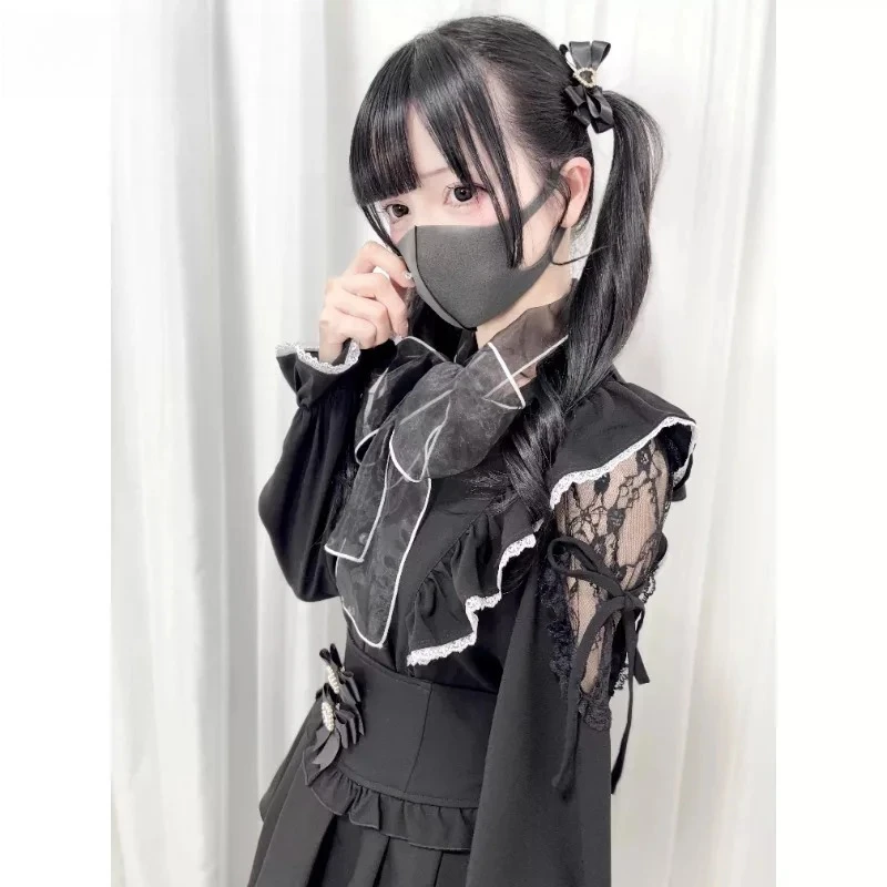 

Японская весенне-летняя новая милая блузка, сетчатые топы с открытыми плечами и большим бантом, универсальная рубашка с длинными рукавами и кружевным ремешком