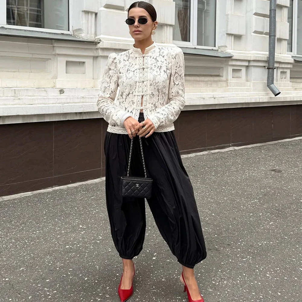 Luxury Lace Blouse Fashion Lace Print Single Breasted Slim Shirt Vintage Elegant Party Looks Summer Women Blouse Tops