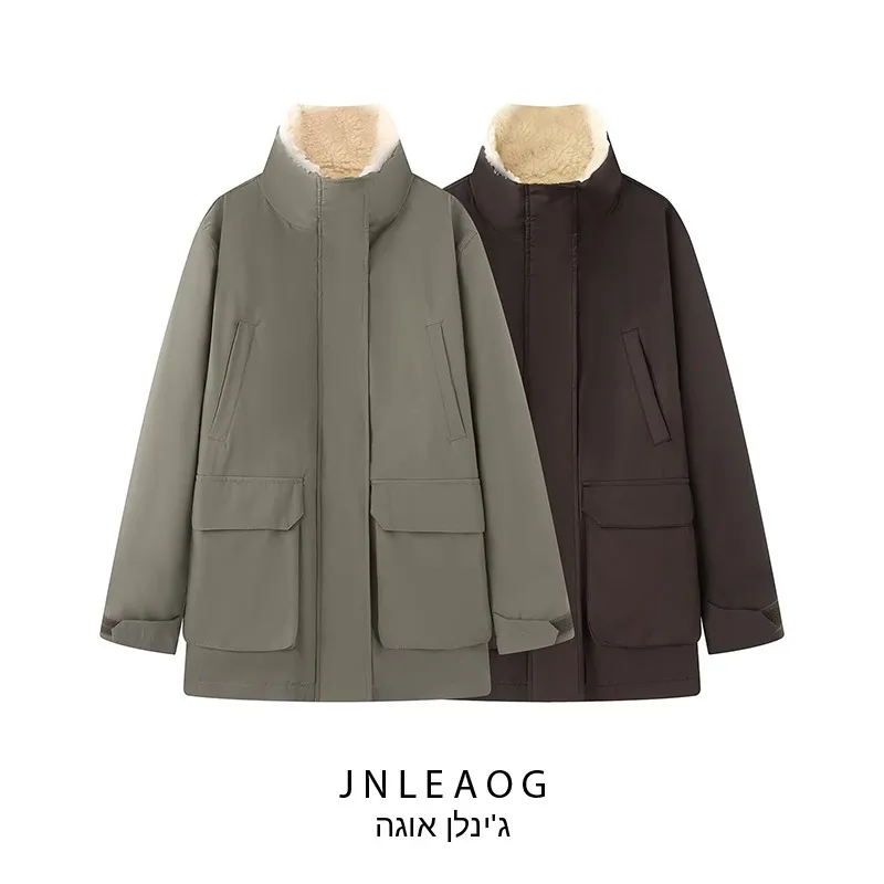 

Модная женская парка JNLEAOG из овечьего вельвета, осенняя новинка, ветровка с комбинированным дизайном, верхняя одежда с длинными рукавами на молнии