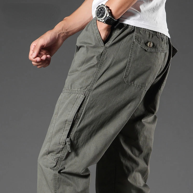 100% Pure Cotton Casual Pants for Men High Waist Loose Cargo Trousers Outdoor Multi-Pocket Straight Joggers Male Cargo Pants