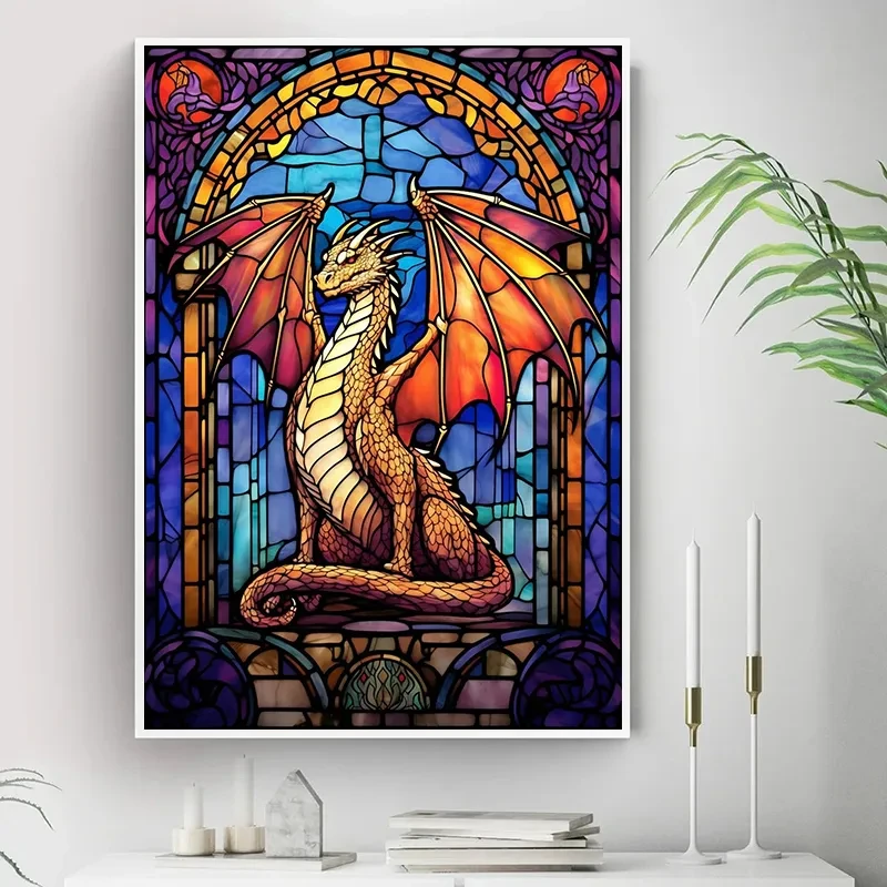 Abstract All Dragons Asylum Stained Glass Poster, Canvas Print Painting, Wall Art for Livinig Room Aesthetics, Home Decoration