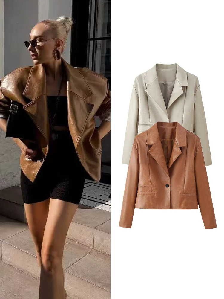 

Новая женская куртка из искусственной кожи, осенне-весенняя модная укороченная куртка с длинным рукавом и воротником с лацканами на пуговицах, облегающий уличный пиджак