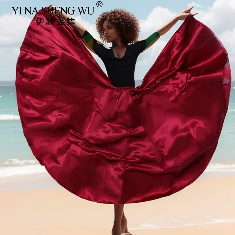 Falda larga española de satén brillante, falda de baile oscilante, falda de danza del vientre, falda para el sol, actuación de danza del vientre, falda de satén de 360 grados