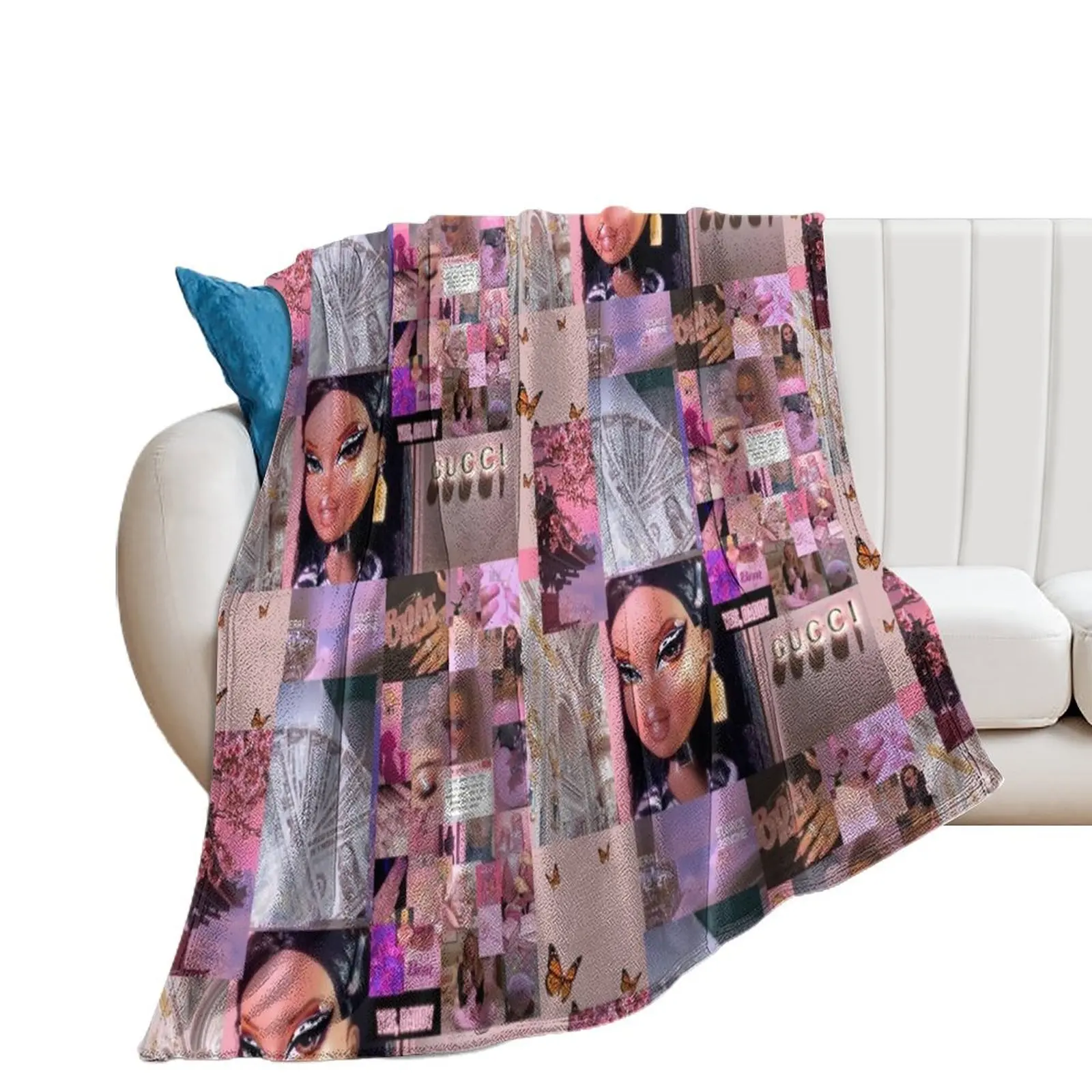 Pink Baddie Bratz Collage Throw Blanket Heavy Hairy Blankets