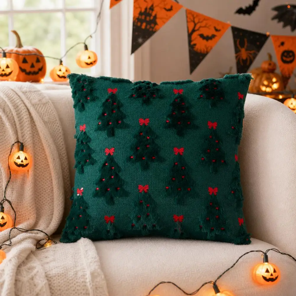 Christmas Tree Tufted Pillow Cover Soft Plush Embroidered Cushion Case Holiday Throw Pillowcase for Sofa Home Decor 45x45