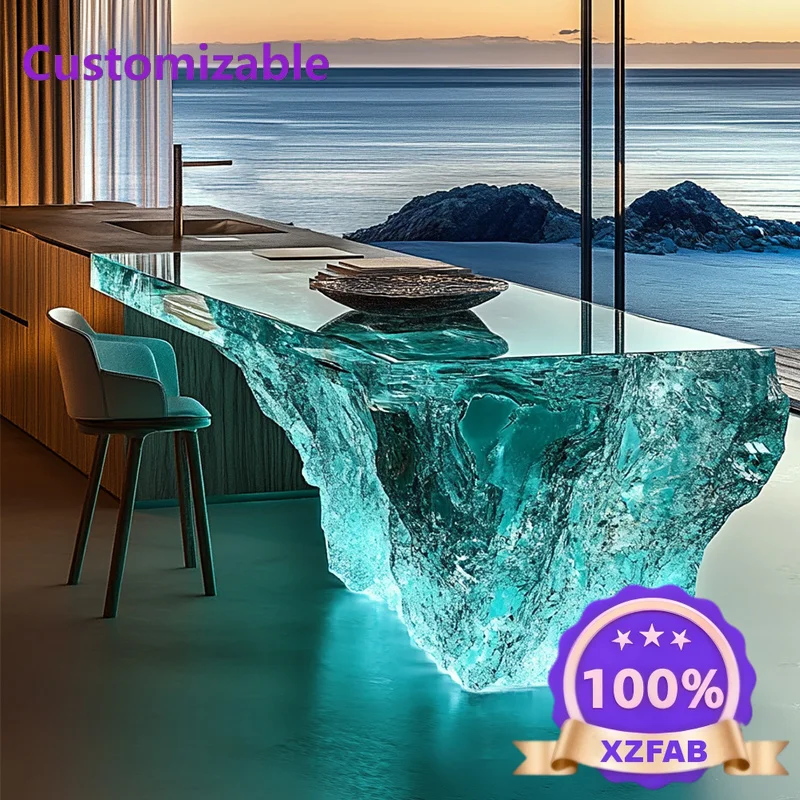 Factory Direct 2026 Modern light luxury home villa bar luminous island table custom transparent resin crystal bar glacier art