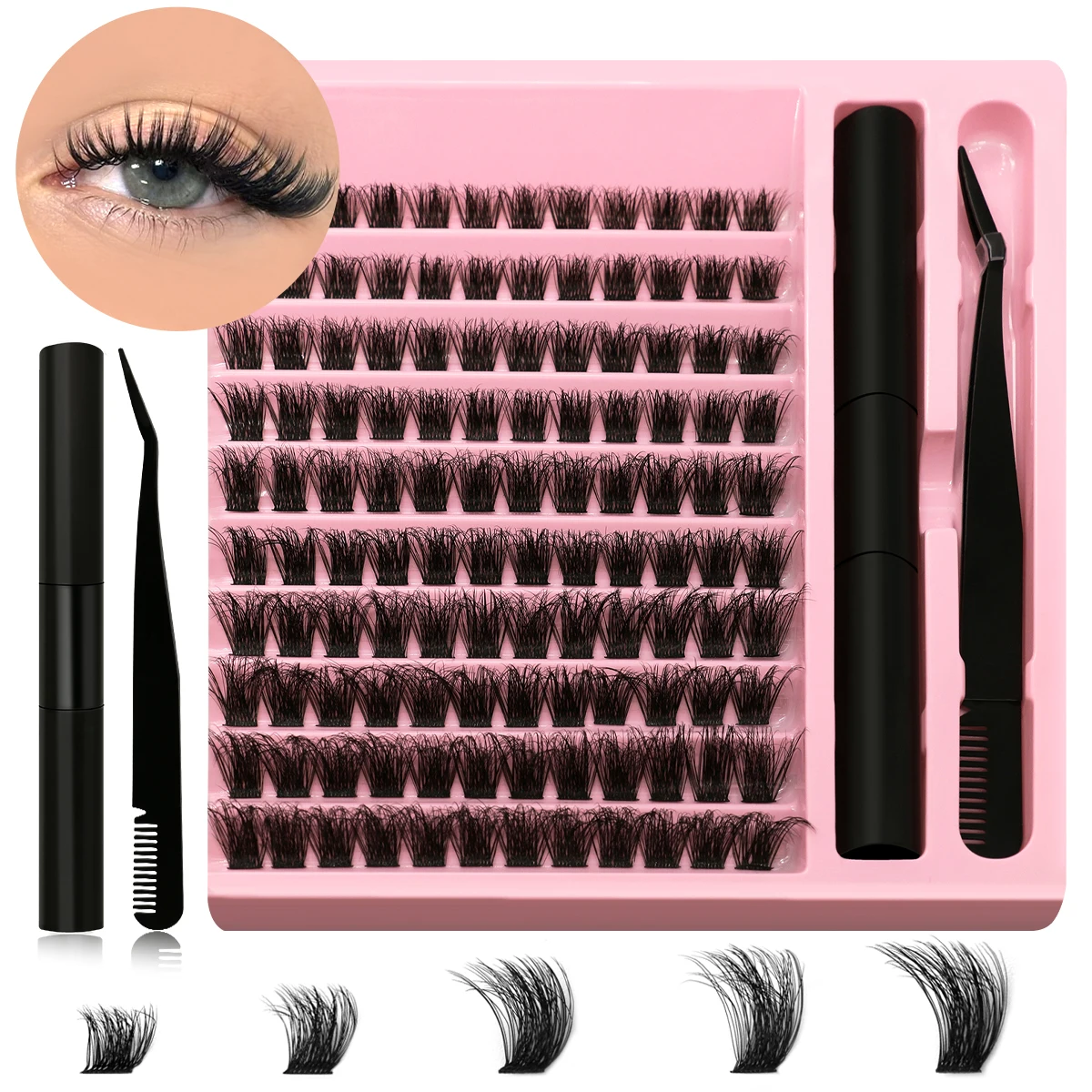 Wimpernverlängerungsset, individuelle Wimpern-Cluster mit wasserfestem, stark haftendem Wimpernkleber und Versiegelung, Make-up-Werkzeuge, Zubehör
