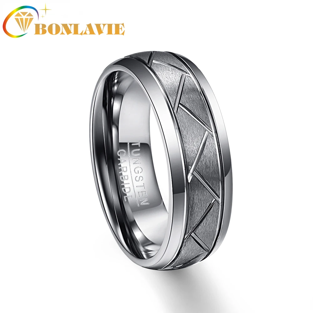 BONLABIE 8mm Men's Domed Diagonal Grooves Tungsten Carbide Rings Grey Brushed Wedding Band Comfort Fit Size 7-12