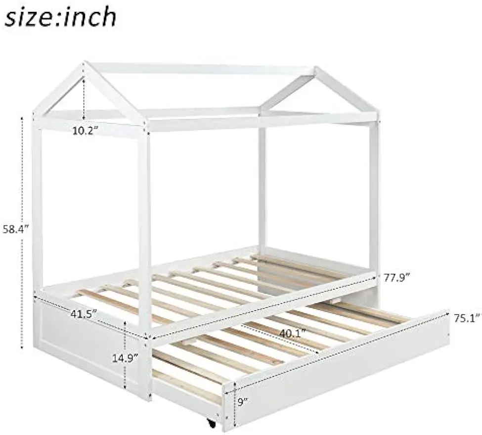 Twin Size House Bed with Trundle for Kids and Toddlers,Girls and Boys,Can Be Decorated,Wood Bedframe,White