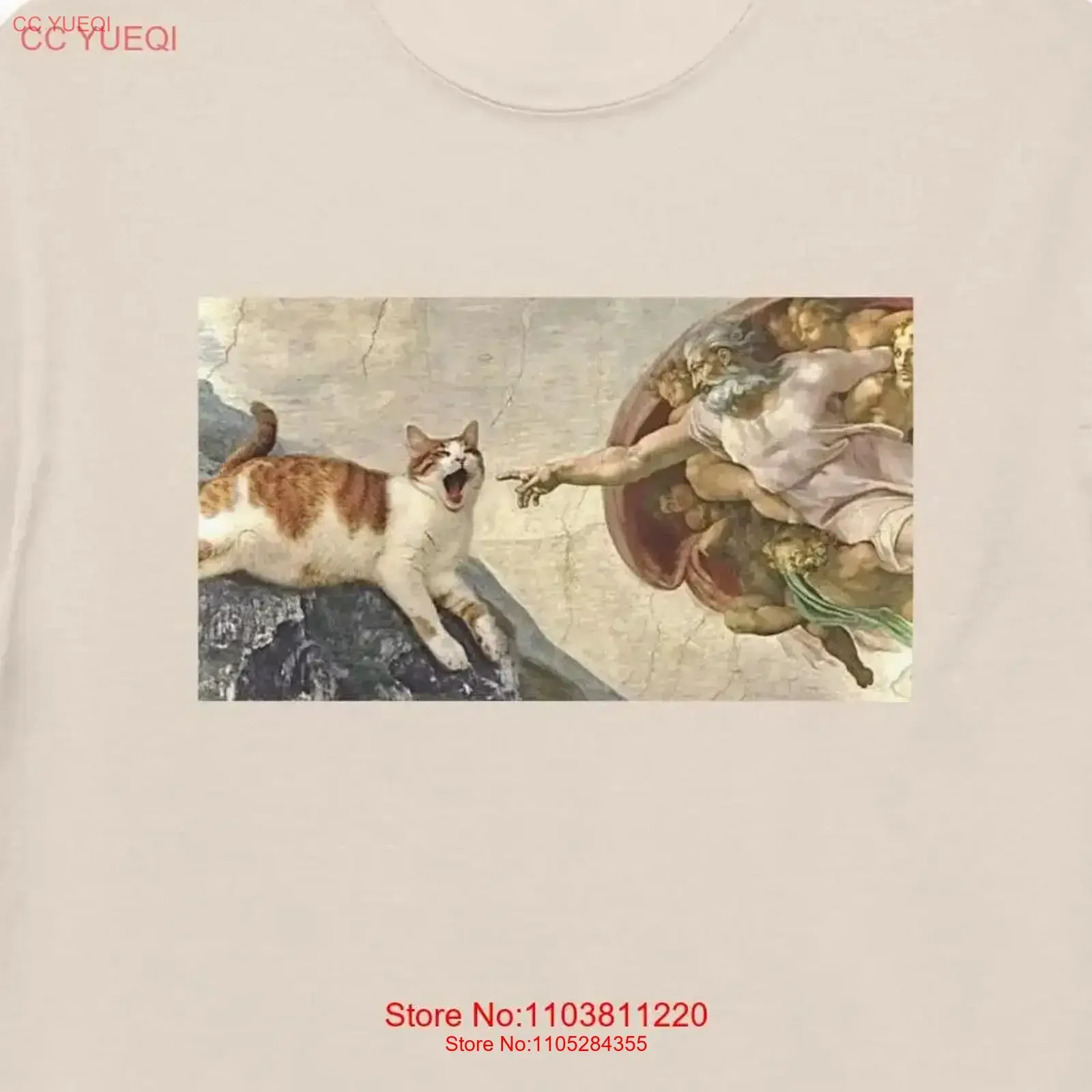 Funny Cat Touching God Michelangelo Renaissance creation mom dad meme Painting classic tee vintage Washed Top For Everyday Wear