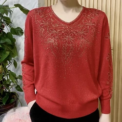 Temperament Fashion Autumn Winter Sweaters Women's V-Neck Bright Silk Diamonds Korean Long Sleeve Loose Pullovers Knitted Tops