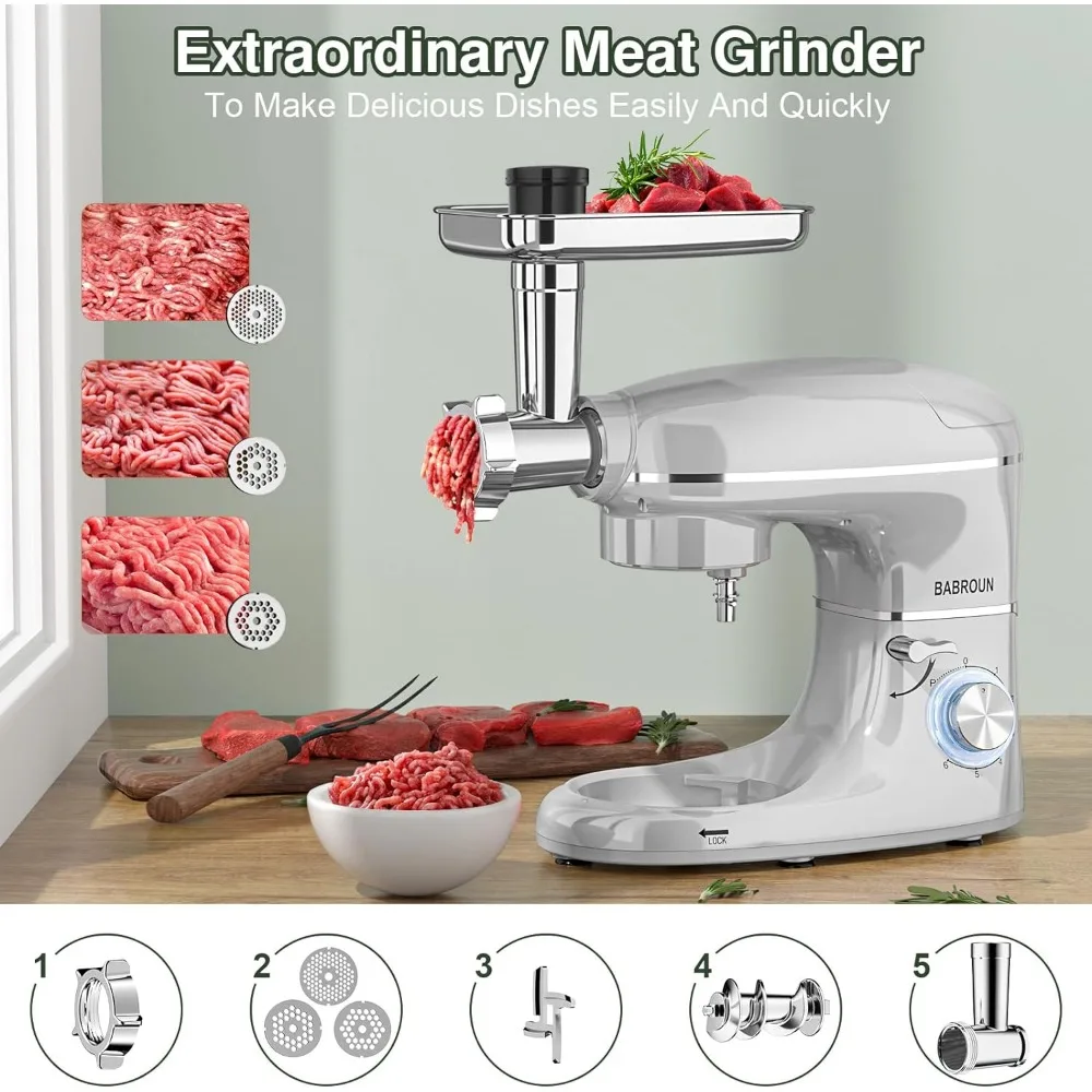 Multifuncional Suporte Elétrico Mixer, Jarra De Vidro, Moedor De Carne, 6 em 1, 6.5qt, Tigela De Aço Inoxidável, 1.5L