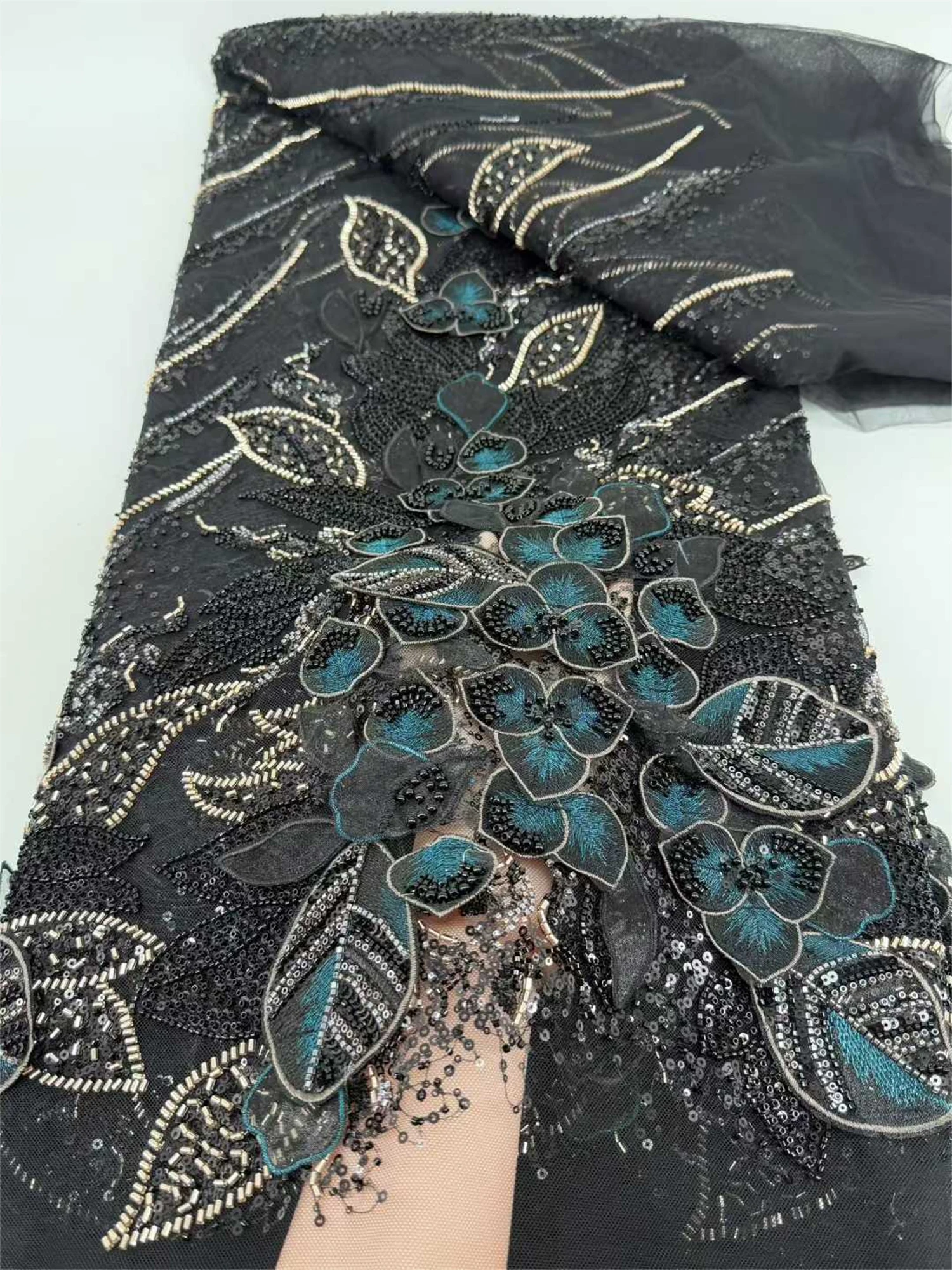 

3D Flowers African Beaded Lace 2026 High Quality Nigerian French Mesh Lace Fabric With Sequins For Wedding Party Dress Women Sew