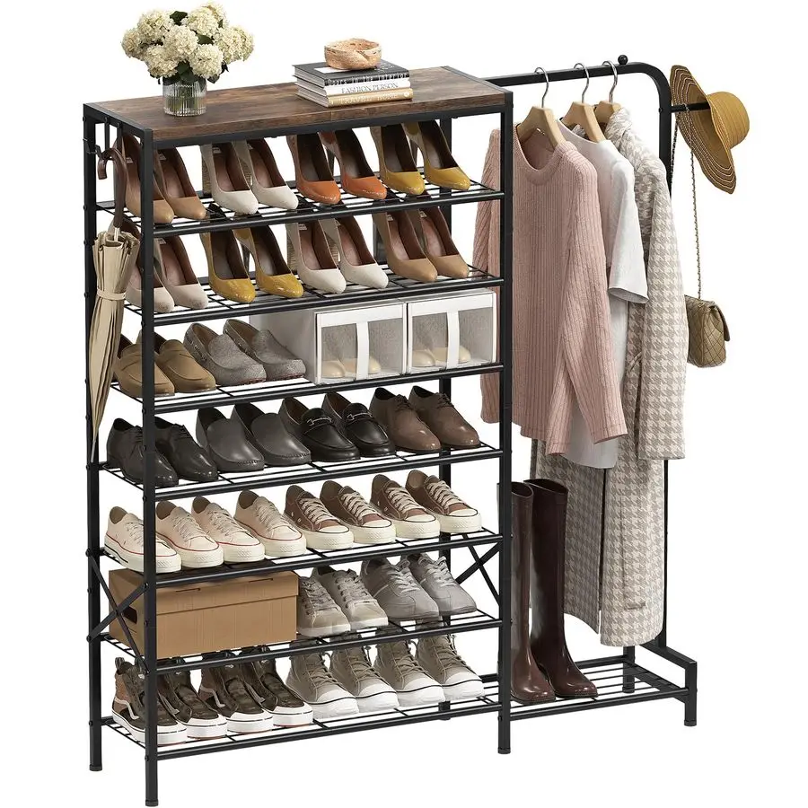 

Rack with Coat Rack, 8 Tier Tall Shoe Storage Organizer with Hooks, 3in1, Wooden Top Shelf, Sturdy Frame, Metal Clothes Hanger