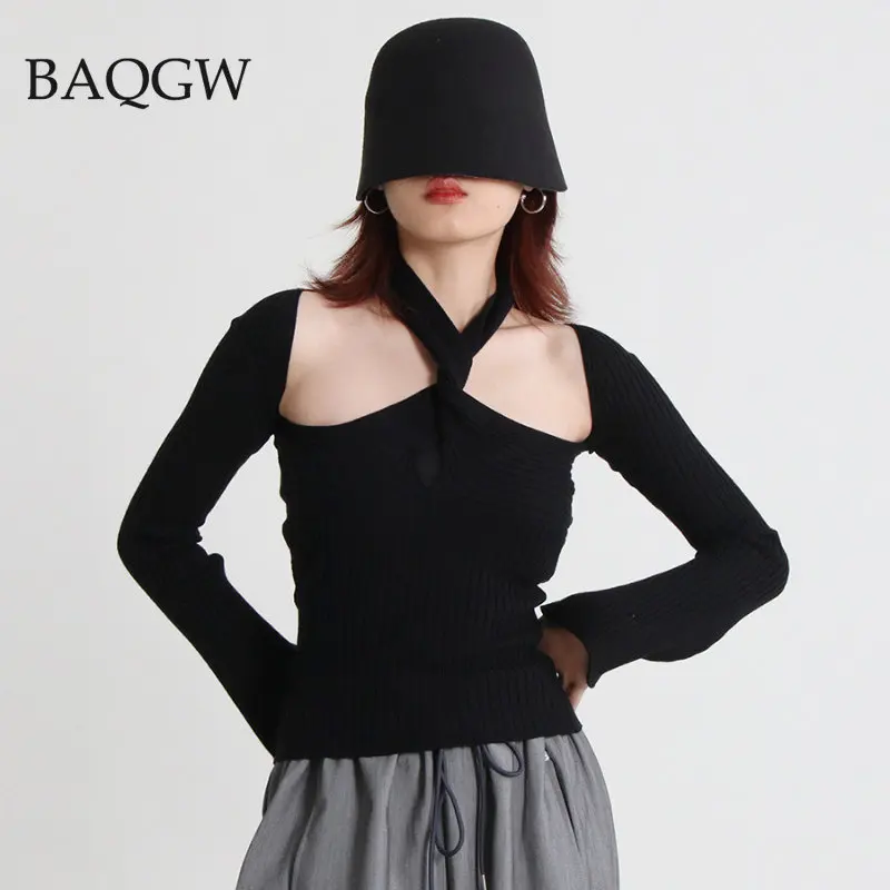 

Halter Design Knitting T Shirt for Women Long Sleeve Hollow Out Casual Slim Sweater Female Autumn Clothing Fashion Streetwear
