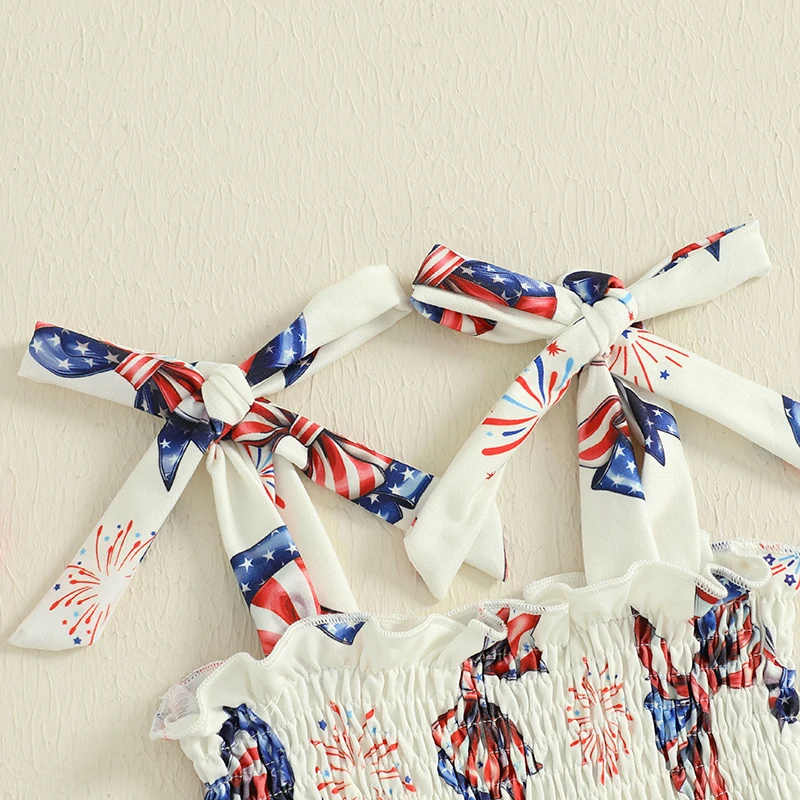 

Toddler Girl 4th of July Romper Independence Day Sleeveless Bow Print Cami Playsuit with Ruffle Detail and Matching Headband