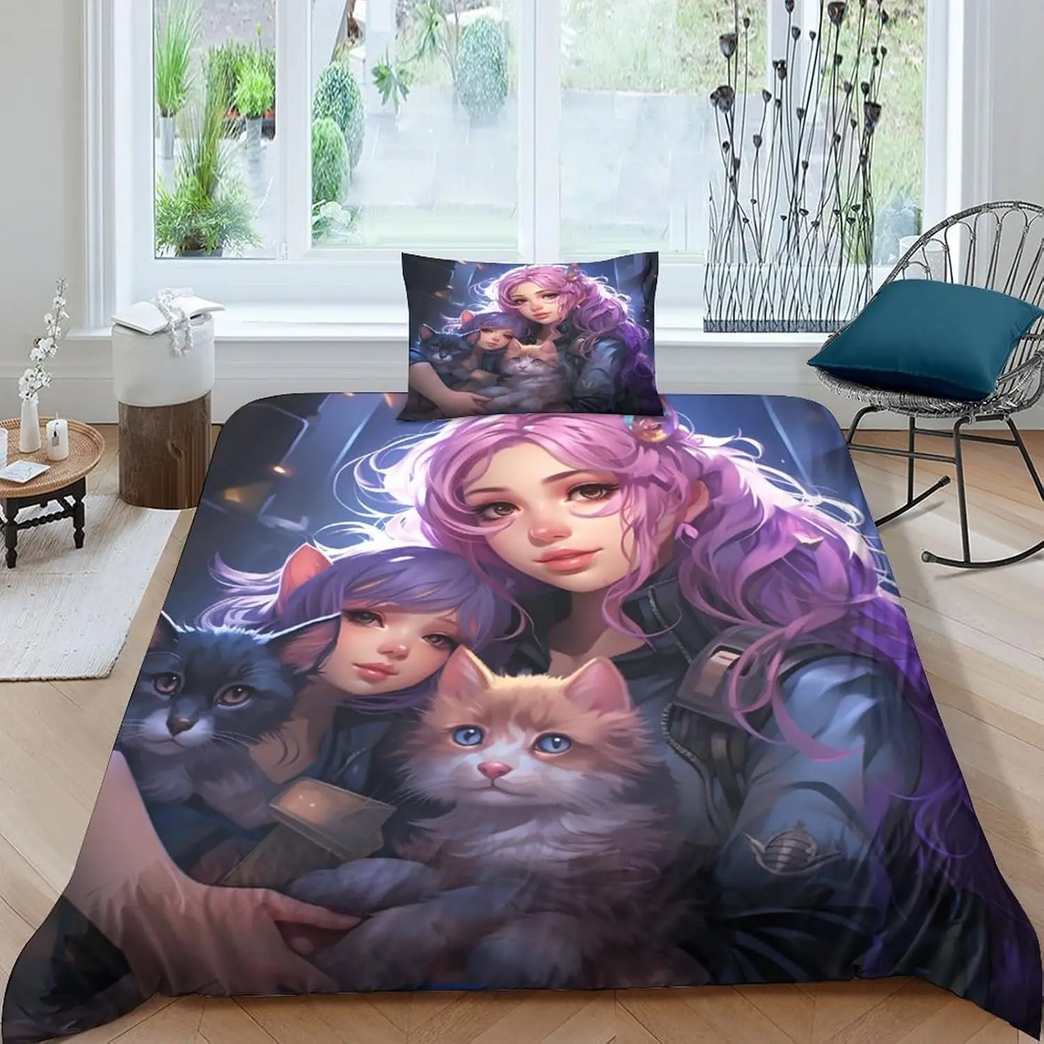 Anime Girls Holding Cat Bedding Set 3D Printed Duvet Cover Set 3 Piece Soft Breathable Quilt Cover with Pillowcase Queen King