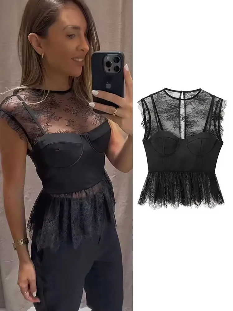 TRAF Fashion Women Lace Patchwork Tops 2024 New Female Sleeveless O-neck Backless Shirt Elegant Sweet Black Club Party Tops