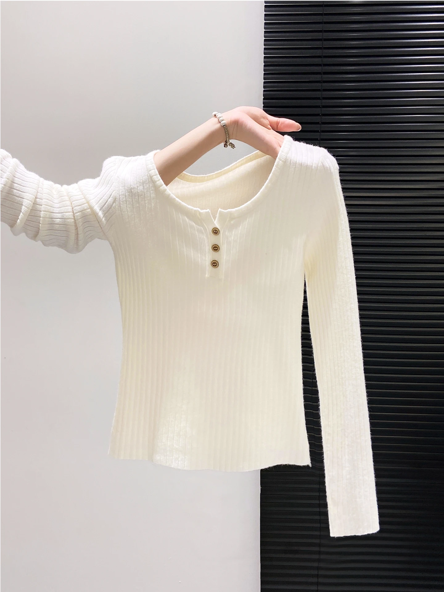 

Вязаный базовый слой для похудения с пуговицами ort Sve Long Sve Женский осенний дизайн Sense f Открытый воротник ort Sle