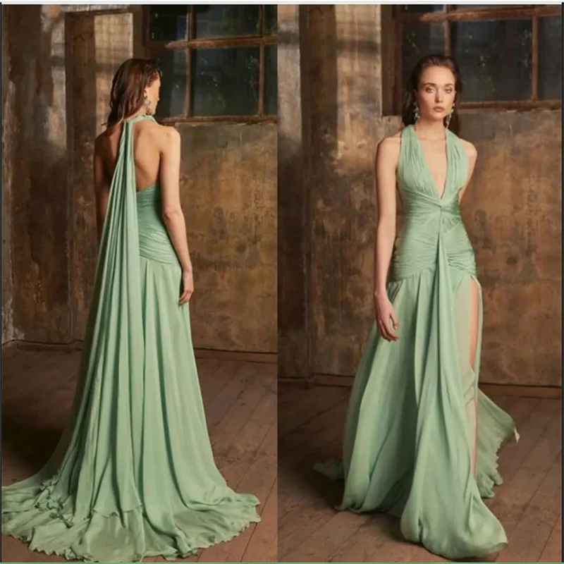 

Sexy Long Chiffon Green Evening Dresses with Slit A-Line Floor Length V-Neck Pleated Open Back Formal Party Gowns Customized