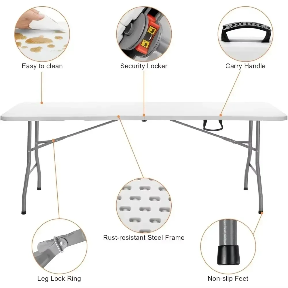 

Folding picnic table 8 ft, portable, with handles, white trailing utility commercial craft table with heavy duty frame Tables