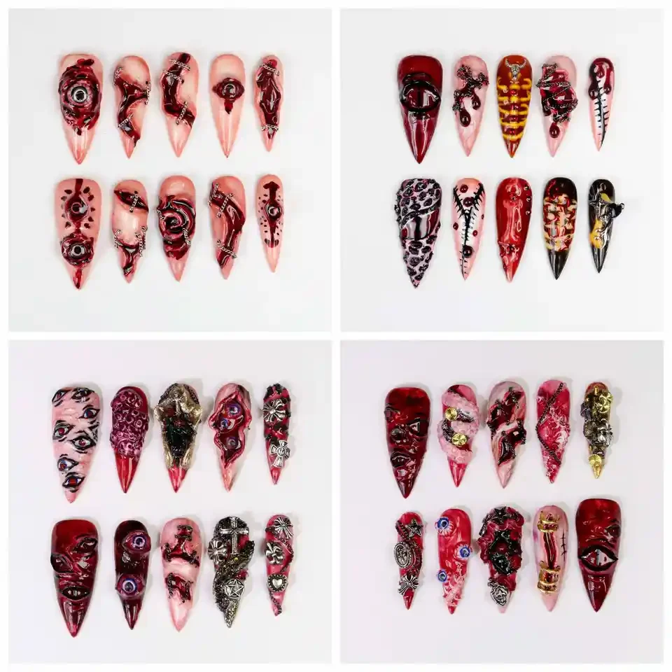 

10Pcs 3D Handmade Long Stiletto Creepy Octopus Demon Eyes Horror Press on Nails,Custom nails Handpainted Eyes Stiletto nails