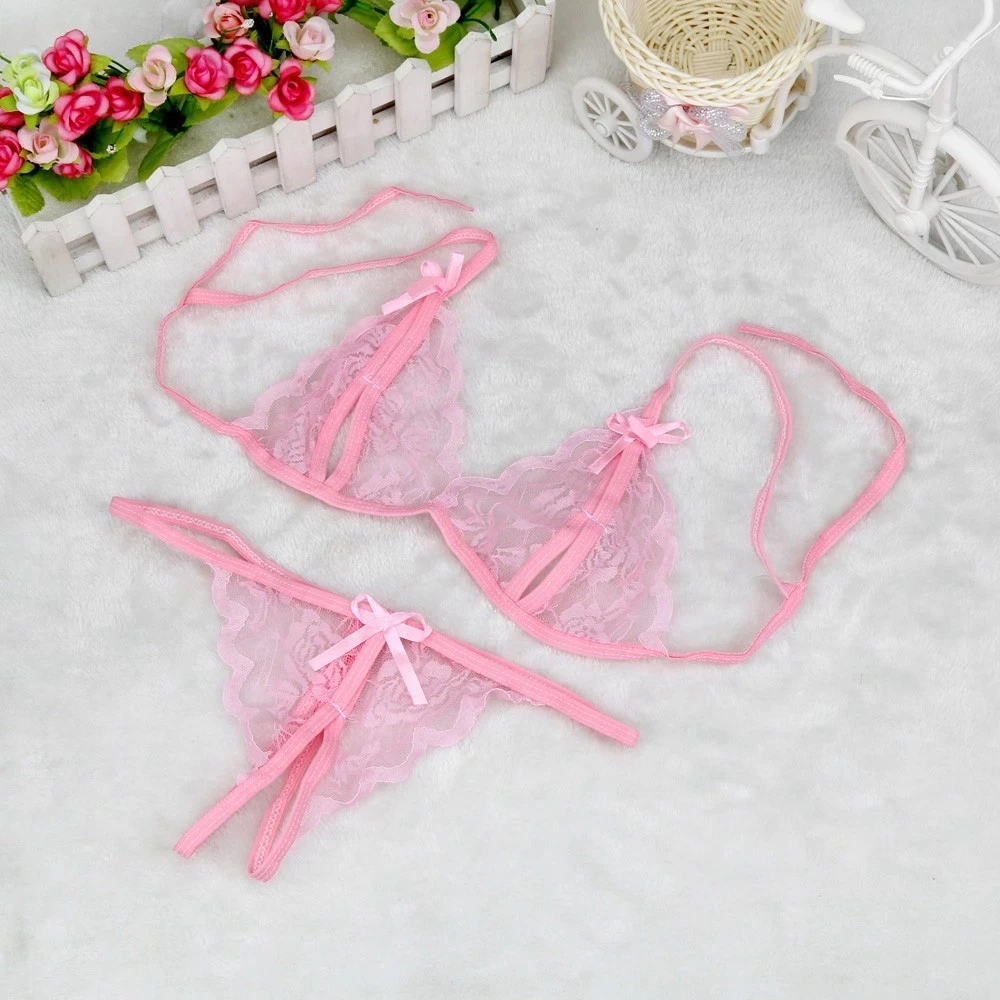 Sexy Women Lady Lingerie see through Lace Underwear Sleepwear lace up bra +Open Crotch G-string Erotic set For Woman Нижнее Бель