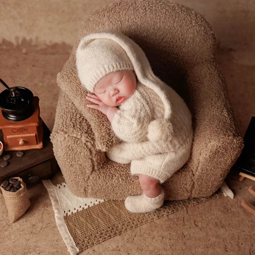 

Реквизит для фотосъемки новорожденных 0-1 месяцев, вязаная одежда на тему Ins с подходящим ночным колпачком и игрушкой-медведем для детской фотосессии