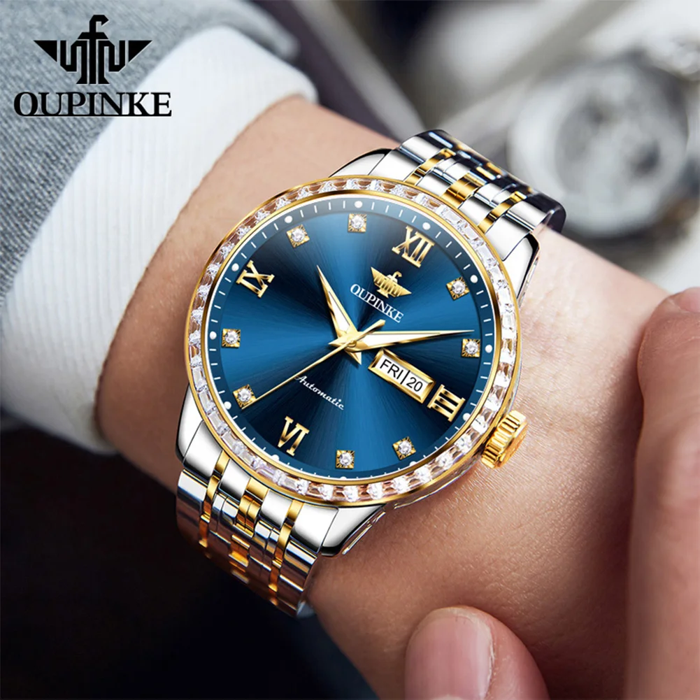 OUPINKE Orologi da uomo 3258 Luxury Fashion Diamond Bezel Orologio meccanico automatico originale per uomo Impermeabile Data luminosa Nuovo