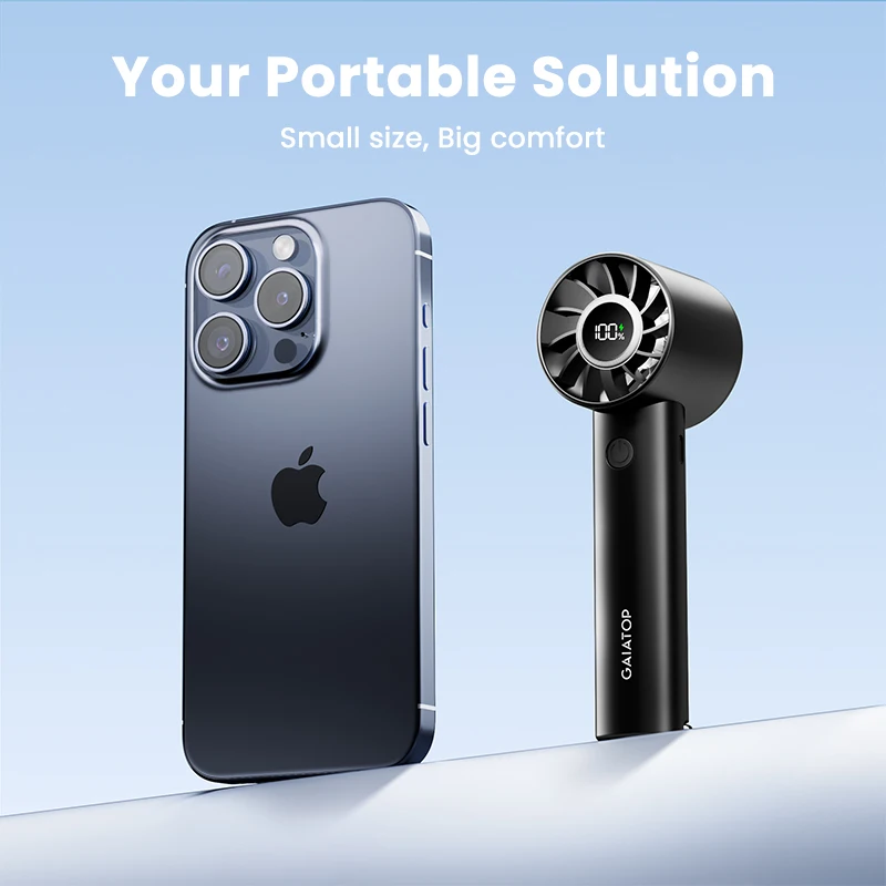 GAIATOP مروحة صغيرة محمولة، مروحة محمولة مع شاشة LED ومصباح يدوي، 3 سرعات 2000 مللي أمبير في الساعة USB مروحة بطارية قابلة للشحن