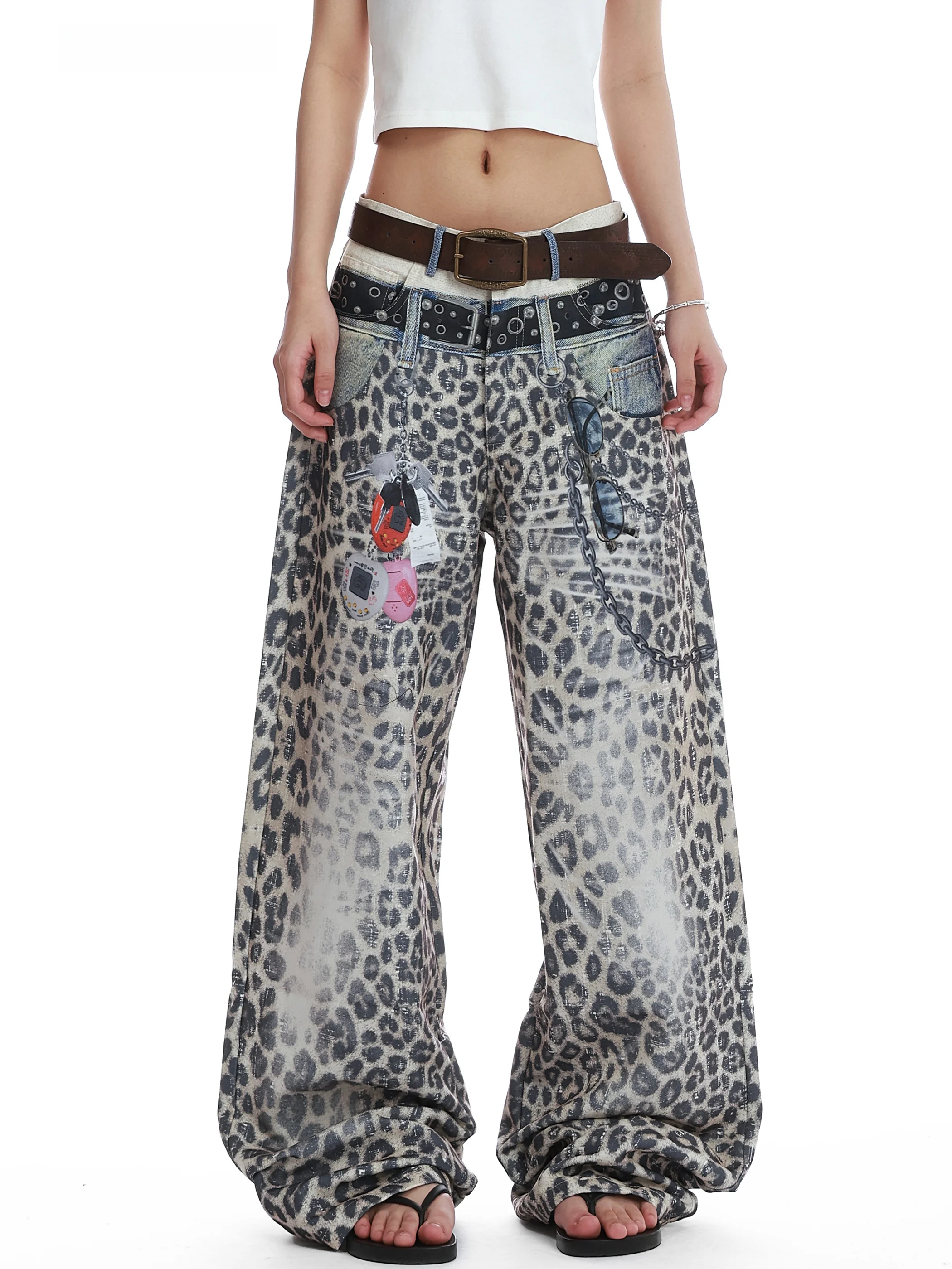 

American Style Vintage Double Waist Head 3D Printed Leopard Pattern Jeans Women High Waist Loose Straight Leg Wide Leg Long P...
