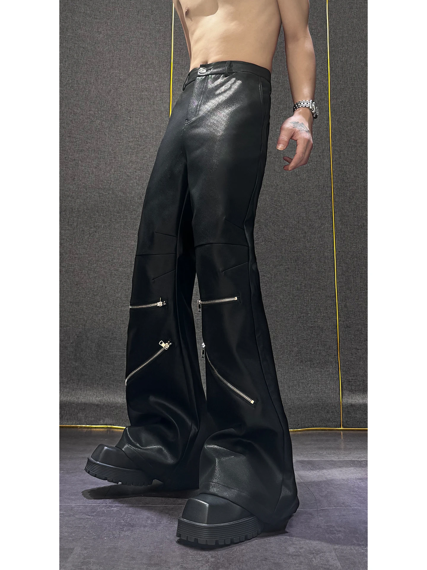 2025 New Fashion Trend Heavy Stitching Knee Zipper Flared Pants High-end Design Unique Personality Long Pants for Men