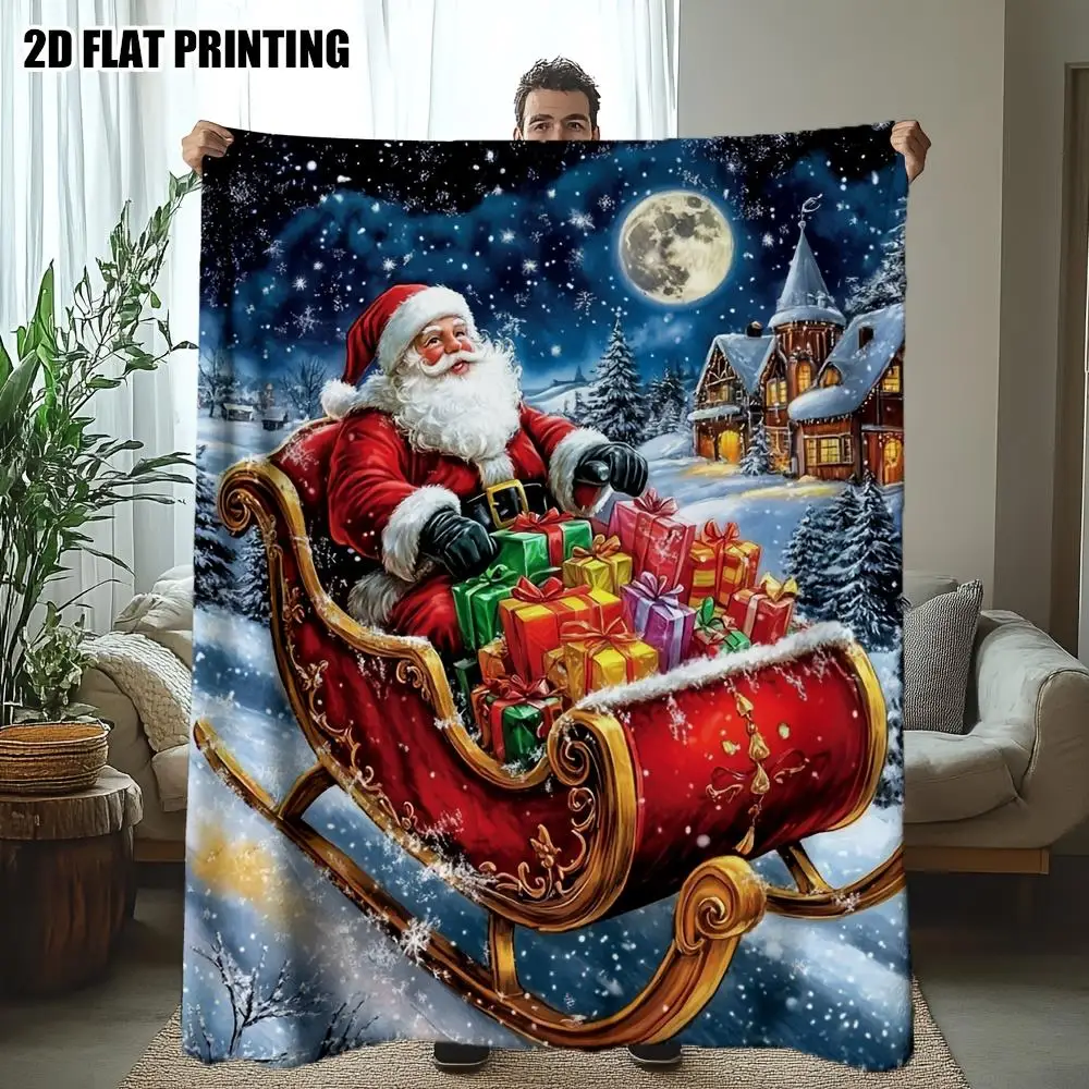 Christmas Flannel Blanket – Soft Warm Santa Sleigh Throw,All-Season Decor for Living Room, Bedroom & Sofa – Festive Holiday Gift