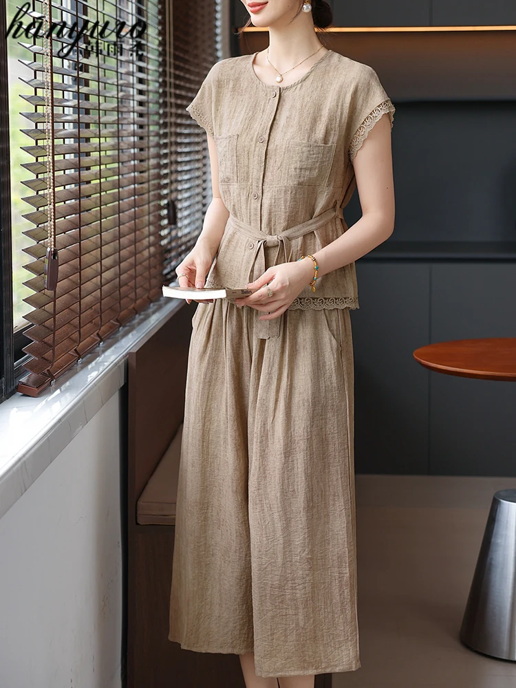 

Elegant Summer Casual Short Sleeve Mommy Outfit Middle-Aged Women Fashionable Loose Fit Polyester Blend Two-Piece Set