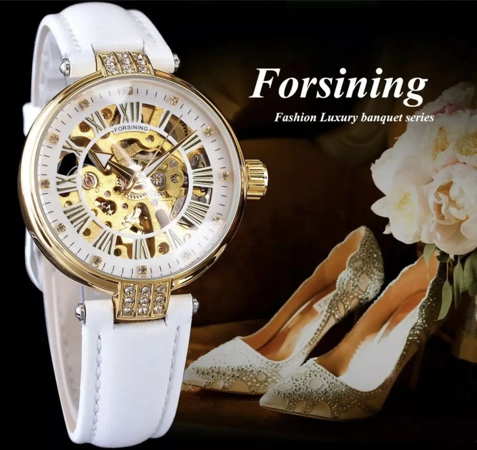 Forsining Womens Automatic Transparent Skeleton Luxury White Leather Band Ladies Watch Женские автоматические часы