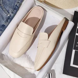 Shoes Mules For Women 2025 Square Toe Ladies' Slippers Low Pantofle Luxury Slides Loafers Cover Summer New Designer Hoof Heels R