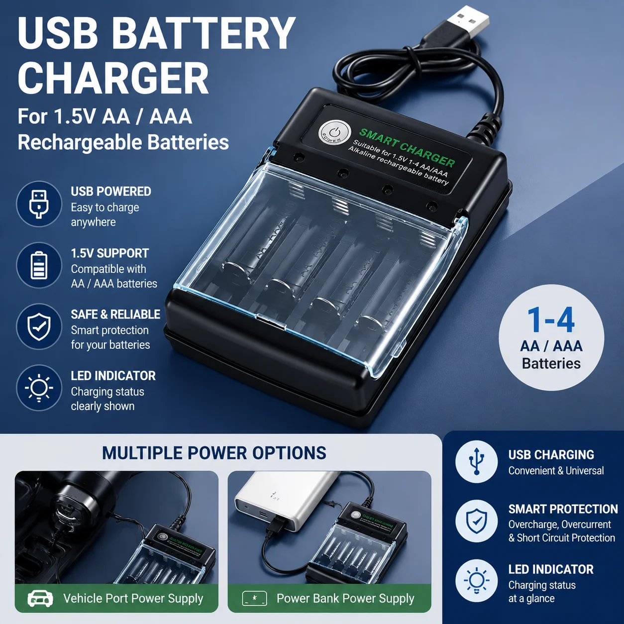 Independent Charging 1.5V USB 4 Slots Charger AA AAAlkaline Battery Charger Smart Portable Rechargeable with Cover