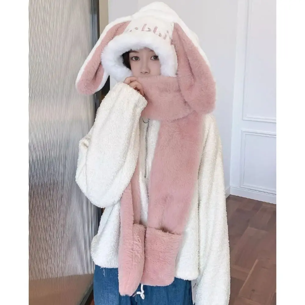 Carino sciarpa con cappuccio 3 in 1 tenere al caldo addensare sciarpa di peluche cappello guanti set protezione per le orecchie antivento cappello invernale all'aperto