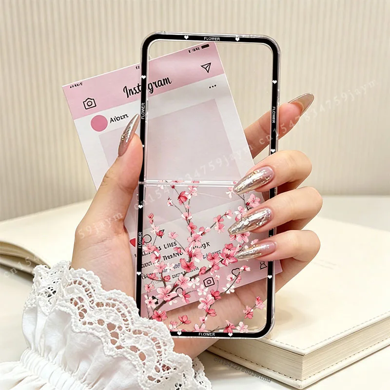 Für ZFlip 8 Kirschblüten Rosa Blumen Handyhülle für Samsung Galaxy Z Flip 8 7 6 5 4 3 Flip7 Z Flip8 Blaue Blumenmuster Harte PC-Hülle – Detail 2