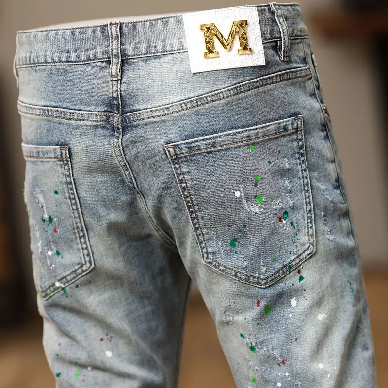 Street Fashion Men Jeans Retro Washed Blue Stretch Slim Fit Printed Ripped Jeans Men Painted Designer Hip Hop Denim Pencil Pants