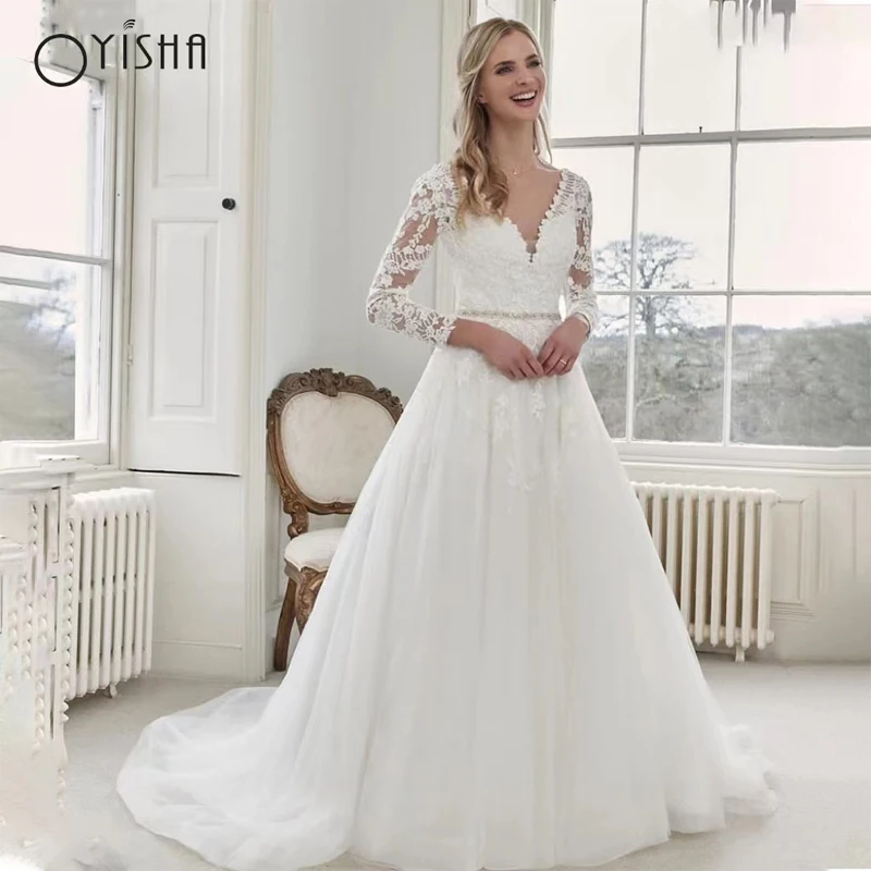 OYISHA-Robes de mariée à col en V, appliques en dentelle, manches longues, robe de mariée sexy, dos nu, ligne A élégante, tulle, éducatif, personnalisé