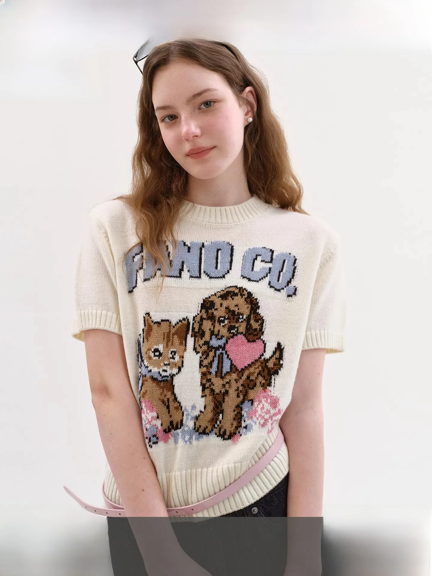 

Fano Vintage Floral Short Sleeve Knitted Sweater Women's round Neck Overhead Spring New Style Comfortable Moderate Softness